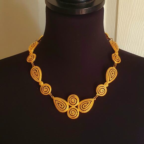 Retro Gold Tone Swirl Spiral Necklace Statement Collar Chunky Modernist Abstract - Picture 1 of 8